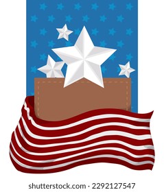 Patriotic template with American design, decorated with stripes, stars and brown sign with stitched frame.