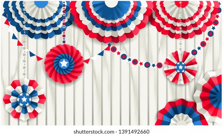 Patriotic Template With Paper Fans Hanging On A Wooden White Fence. Red, Blue And White Colors