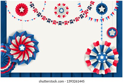 Patriotic template with paper pinwheels and festoons. Red, blue and white colors