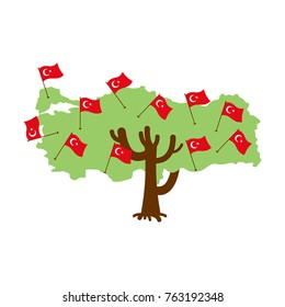 Patriotic tree Turkey map. Turkish flag. National political Plant. Vector illustration

