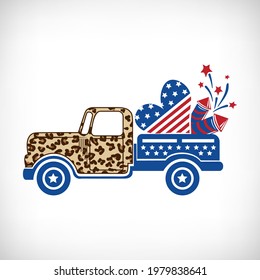 Patriotic truck on vignette background. 4th of july design with  leopard truck, american flag heart and fireworks. Independence day t shirt print, mug, pillow sublimation. Vector illustration.