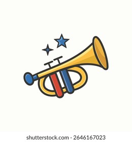 Patriotic trumpet vector icon in flat style with red white blue USA colors for 4th of July celebration and American music festivals