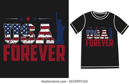 Design patriótico de camiseta com texto angustiado "USA FOREVER" e Estátua da Liberdade. Apresenta cores vermelhas, brancas e azuis para mostrar amor, orgulho e lealdade aos Estados Unidos.