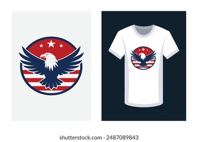 Patriotic T-shirt design featuring eagle and American flag vector illustration for celebrating 4th of July. Perfect for showing USA pride!