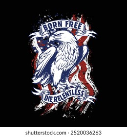 Eine patriotische T-Shirt-Designgrafik mit einem kühnen Adler und der amerikanischen Flagge, die Freiheit und unerschütterlichen Geist symbolisiert. Perfekt, um Ihre Liebe zum Land auszudrücken.