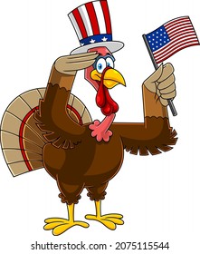 Patriotic Turkey Bird Cartoon Character Salute And Waving US Flag. Vector Hand Drawn Illustration Isolated On White Background