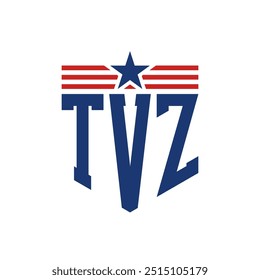 Logotipo patriótico de TVZ con correas de estrella y bandera estadounidense. Letra TVZ Logo con bandera de Estados Unidos