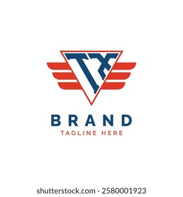 Patriotic TX Logo Initials. Letter TX Winged Logo. Red and Blue Triangle TX with Wing for Aviation, Delivery Services, Sports, Military and Security Agencies