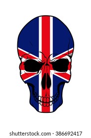 Patriotic UK flag skull tattoo with ornament of union jack, combined of old national flags of England, Scotland and Ireland. Maybe use as T-shirt print or Halloween mascot design