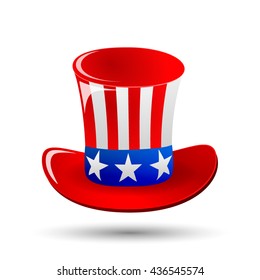 Patriotic Uncle Sam hat for 4th of July public holiday card greetings in vector format. Cartoon or doodle style. Patriotic Uncle Sam isolated. Patriotic Uncle Sam with American stars and stripes.