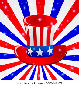 Patriotic Uncle Sam hat for 4th of July holiday card greetings vector. Cartoon doodle style. American stars and stripes. Patriotic Uncle Sam for 4th of July. 