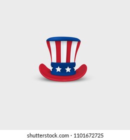 Patriotic Uncle Sam Hat isolated. Symbol of the United States of America a hat with American stars and stripes. Design for decoration, American Holidays, independence day, 4th of july. Front view.