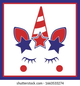Patriotic unicorn face with stars and striped. Vector ilustration for 4 of july.