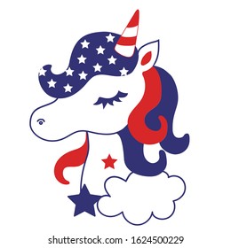 Patriotic unicorn face with stars and stripes. American unicorn vector illustration.