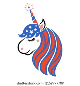 Patriotic unicorn head with symbols of the USA. Happy 4th of july. Independence day. Vector. American cute illustrations for prints on t-shirts, bags. Isolated on a white background.