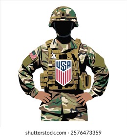 Patriotic US Army Soldier Vector Illustration with Camouflage Uniform and USA Emblem