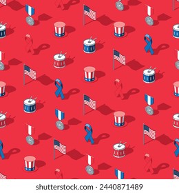 Patriotic US independence day seamless pattern on red background