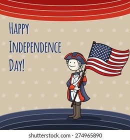 Patriotic USA background with Cartoon man celebrating Independence Day wearing a national costume and holding a flag. Cute American boy in a 4th of July dressed like soldier. Vector illustration.