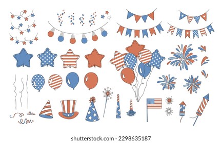 Patriotic USA Day festes Vektorklammer-Set einzeln auf Weiß. Amerikanische Flagge, Ballons, Banner, Feuerwerk, Hut, Konfetti-Illustrations-Kollektion. Design-Element der US-amerikanischen Partei.