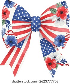 Patriotic USA Flag Ribbon Bow with Red, White, Blue Flowers Watercolor Illustration