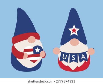 Conjunto de Ilustración vectorial de gnomo patriótico de EE.UU.
Clipart de personajes del gnomo del 4 de julio.
Caricatura del gnomo del Día de la Independencia Americana. 