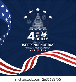Patriotic USA Independence Day Card 2025 - Usa Flag Ribbon, Fireworks and Jet Flyover Capitol Building -  Meaningful 4th July Text. Happy 4th of July Independence Day USA 2025. 
