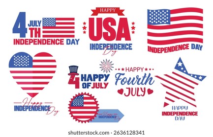 Patriotic USA Independence Day Icons and Typography Designs with American Flag Elements in Heart, Star, Badge, and Banner Shapes Red White Blue 4th of July Graphics Set