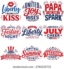 Patriotic USA lettering bundle featuring bold red, white, blue typography designs with stars, fireworks, banners, flags, rockets, lips, festive holiday accents. This clean vector set is ideal for Independence Day shirts, party invitations, greeting cards, stickers, mugs, posters, apparel prints, sublimation products, scrapbooking, seasonal craft projects. Each quote has a balanced layout, strong visual hierarchy, smooth lettering, cheerful celebration style perfect for summer events, family gatherings, patriotic gifts, July holiday promotions. Great for designers, crafters, small business sellers needing versatile American themed artwork for printable merchandise plus digital design collections, including handmade decor, school crafts, and patriotic shop branding. downloads.
