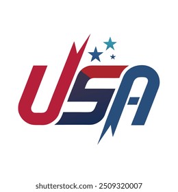 Patriotic USA Logo with Red and Blue Letters and Diagonal Stars Representing American Pride