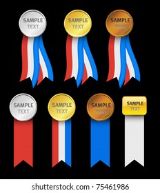 Patriotic USA ribbon set isolated on black, in gold, silver and bronze