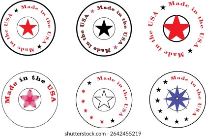 Patriotic USA Round Independence Day Stamp Vector Set with Stars, Stripes and Red Blue Elements