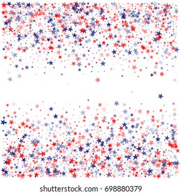 patriotic USA stars confetti. square backdrop frame Vector Illustration for Celebration Holiday patriot day,  Blue and Red stars sparkles isolated on white. american banner background.