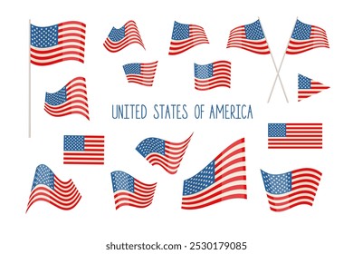 Patriotische USA-Symbole, Vektorgrafik. Verschiedene amerikanische Flaggen einzeln auf weißem Hintergrund. 