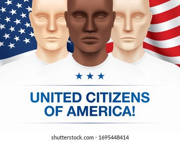 Patriotic vector illustration. Black, White and Asian men standing together on a waving USA national flag background. Unity and equality flyer design.