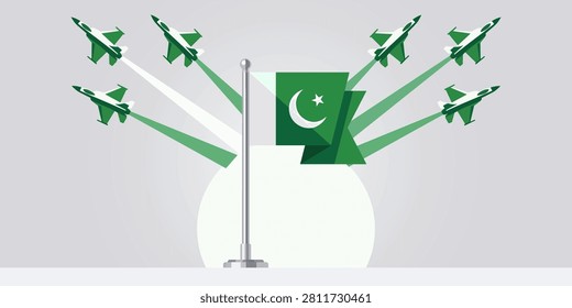 A patriotic vector illustration featuring fighter jets performing an aerial flypast around the Pakistan flag on a flagpole. This design is perfect for celebrating Pakistan Defense Day, Independence Day, and national military achievements.