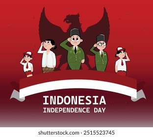 Patriotic vector illustration of Indonesian heroes and children saluting, with a Garuda silhouette and red-white ribbon, capturing the spirit of independence and national unity