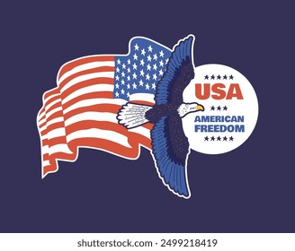 Patriotic vector illustration on a blue background dedicated to the democracy of America with a bald eagle and a flag. Elegant design for the USA Independence Day