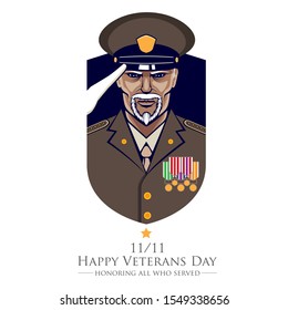 A patriotic vector mascot logo honoring military service members. The design features a stern, bearded veteran in a brown service uniform and peaked cap, performing a sharp salute. Adorned with colorful service medals and set against a dark shield emblem, this high-quality graphic is ideal for Veterans Day events, military-themed branding, veteran support organizations, and patriotic apparel.