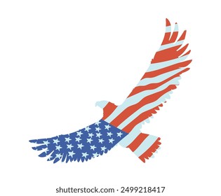 Plantilla de Vector patriótico: silueta de un águila calva en alza en los colores de la bandera estadounidense. Ilustración ideal para diseños temáticos del Día de la Independencia.