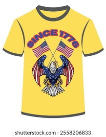 Patriotic vector t-shirt design with an eagle, crossed American flags, and "Since 1776." Perfect for Independence Day, Veterans Day, or Memorial Day. Fully editable and scalable for versatile use.