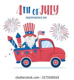 Patriotic vintage farm track with Patriotic Gnome, fireworks and hand lettering sigh 4th of July.  Banner with symbols of Independence day USA. Fireworks and salutes holiday card. Vector illustration