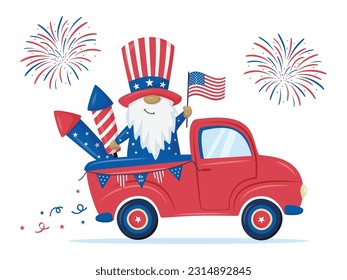 Patriotic vintage farm track with Patriotic Gnome, fireworks. 4th of July. Banner with symbols of Independence day USA. Fireworks and salutes holiday card. Vector illustration