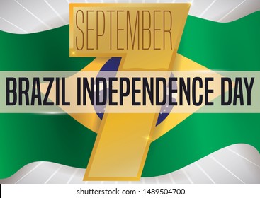 Patriotic waving Brazilian flag and golden number seven ready for the celebration of Brazil Independence Day this 7th September.
