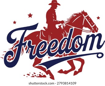 A patriotic, Western-themed vector illustration featuring the red silhouette of a cowboy wearing a hat and riding a galloping horse. Layered boldly over the center of the image is the word 