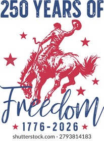 A patriotic, Western-themed vector illustration featuring the red silhouette of a cowboy wearing a hat and riding a galloping horse. Layered boldly over the center of the image is the word 