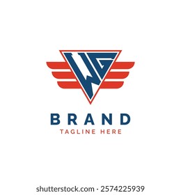 Patriotic WG Logo Initials. Letter WG Winged Logo. Red and Blue Triangle WG with Wing for Aviation, Delivery Services, Sports, Military and Security Agencies