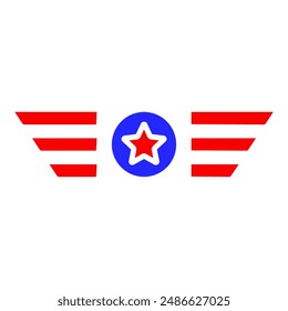 Patriotic wings icon. Red wings with blue circle and white star in the center. National pride and military concept.