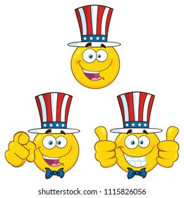 Patriotic Yellow Cartoon Emoji Face Character Set 1. Vector Illustration Isolated On White Background