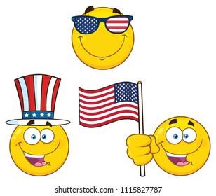 Patriotic Yellow Cartoon Emoji Face Character Set 2. Vector Illustration Isolated On White Background