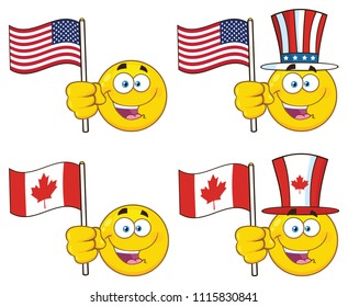 Patriotic Yellow Cartoon Emoji Face Character Set 4. Vector Illustration Isolated On White Background